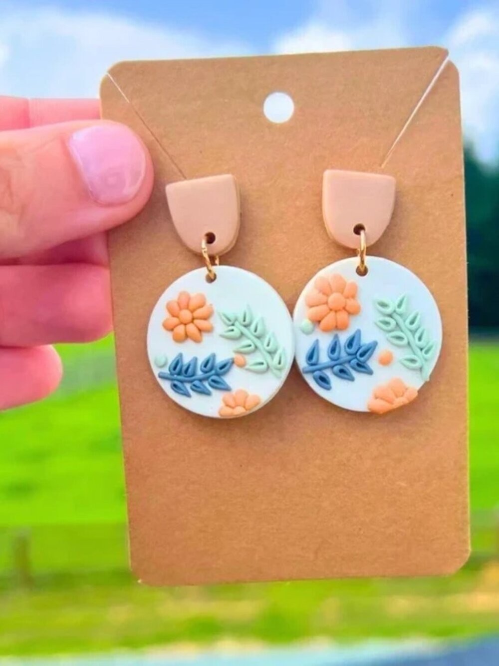 Floral Clay Dangle Earrings Pastel Blue Peach Botanical Boho